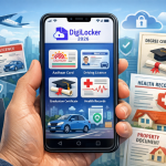 DigiLocker 2026 interface showing digital documents such as Aadhaar, driving licence, academic certificates and health records stored securely on a smartphone.