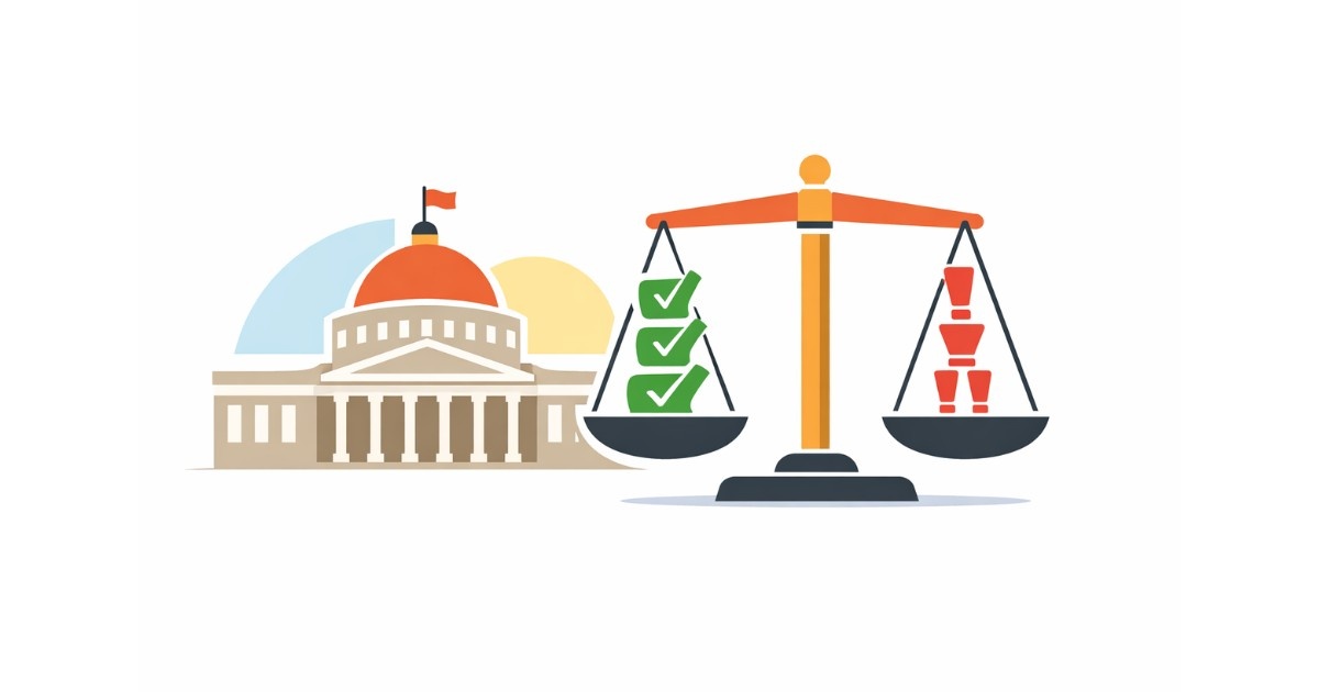 Minimal editorial-style vector illustration of the Indian Parliament building with subtle saffron and green accents on a white background, featuring a balanced scale symbol in the foreground to represent major legislative updates, designed in a serious and professional news style.