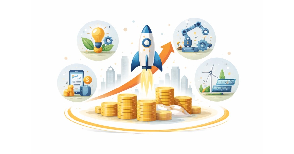 Minimal editorial illustration showing a rocket launching from stacked coins with upward arrow symbolizing a 25 percent jump in startup funding in 2026