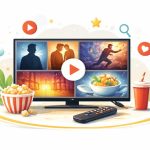 Minimal flat vector illustration of a television screen displaying multiple streaming show thumbnails with a central play button, symbolizing OTT platforms adding seven new shows this week