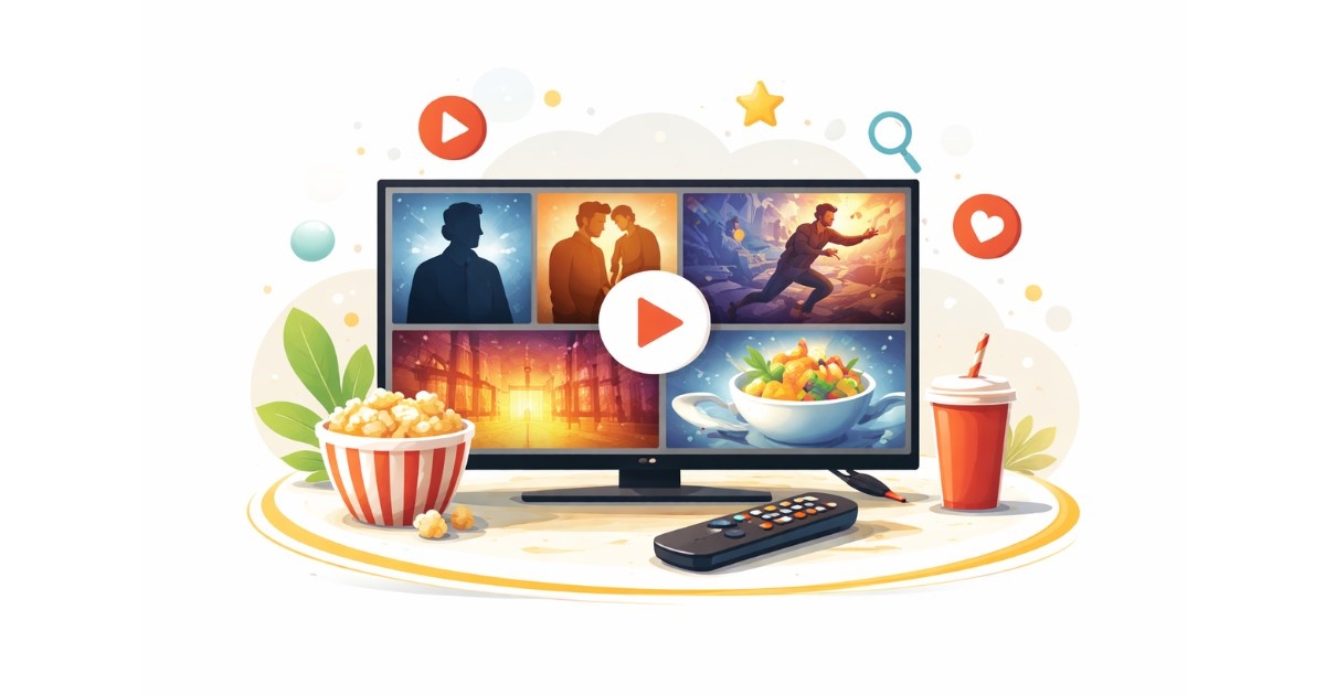 Minimal flat vector illustration of a television screen displaying multiple streaming show thumbnails with a central play button, symbolizing OTT platforms adding seven new shows this week