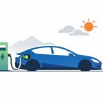 Minimal editorial illustration of a blue electric car charging at a station, symbolizing new electric cars launching in India in 2026 with impressive driving range.