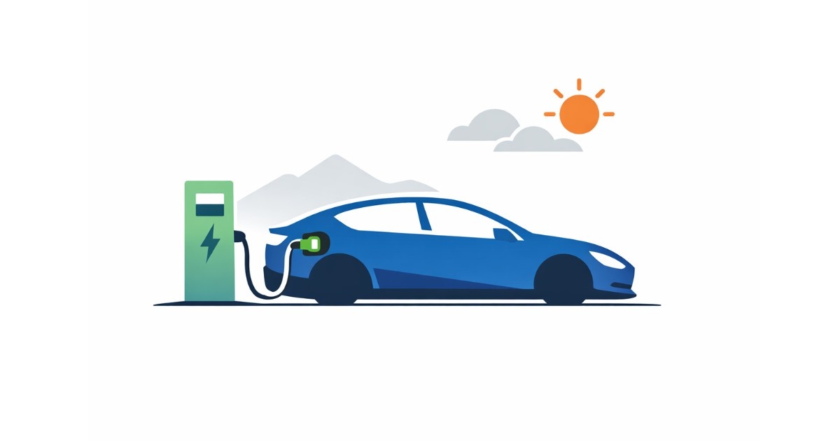 Minimal editorial illustration of a blue electric car charging at a station, symbolizing new electric cars launching in India in 2026 with impressive driving range.