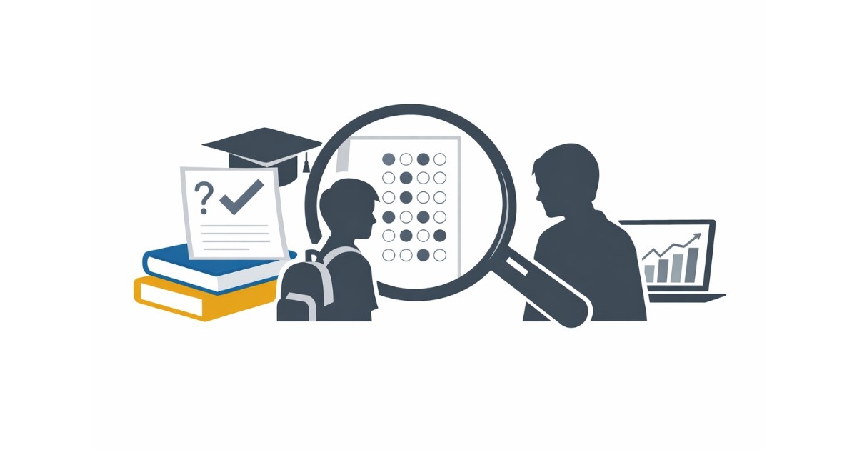 Minimal editorial illustration showing a CBSE student and parent reviewing exam papers and results after day one board exams