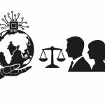 Minimal editorial illustration of a balanced scale with a glowing AI chip on one side and a human rights symbol on the other, set against a white background, representing the global AI governance debate in 2026.