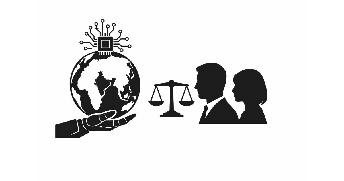 Minimal editorial illustration of a balanced scale with a glowing AI chip on one side and a human rights symbol on the other, set against a white background, representing the global AI governance debate in 2026.