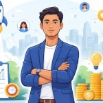 Minimal illustration showing a founder standing confidently at the center while abstract investor figures observe from the background, symbolizing trust and credibility in a competitive venture capital environment.