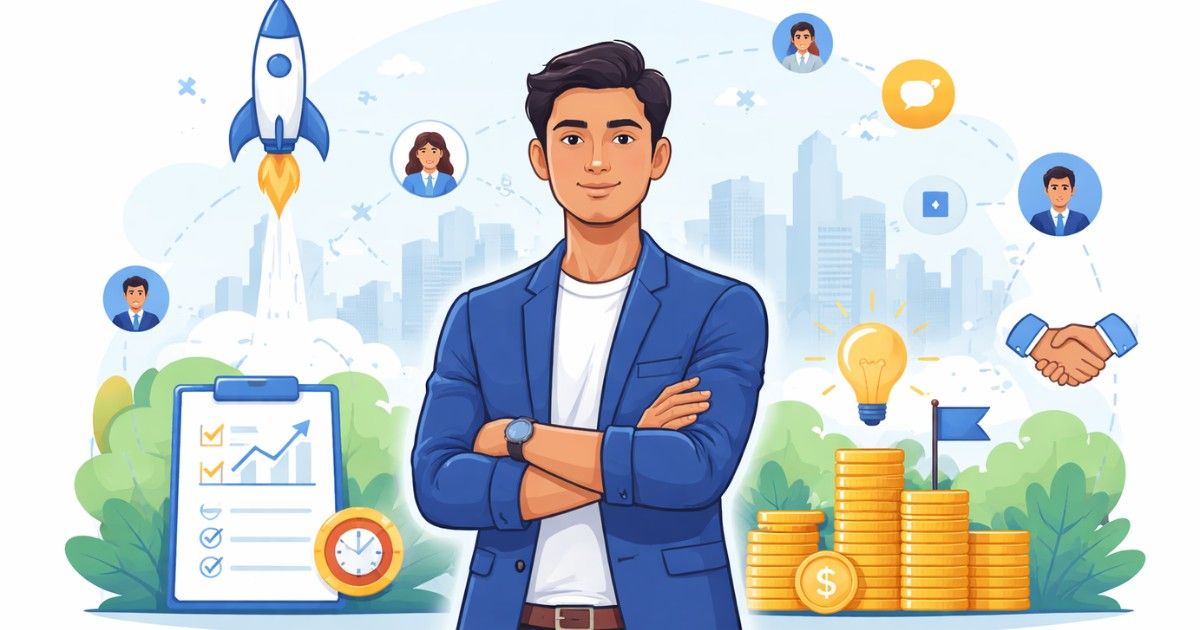 Minimal illustration showing a founder standing confidently at the center while abstract investor figures observe from the background, symbolizing trust and credibility in a competitive venture capital environment.