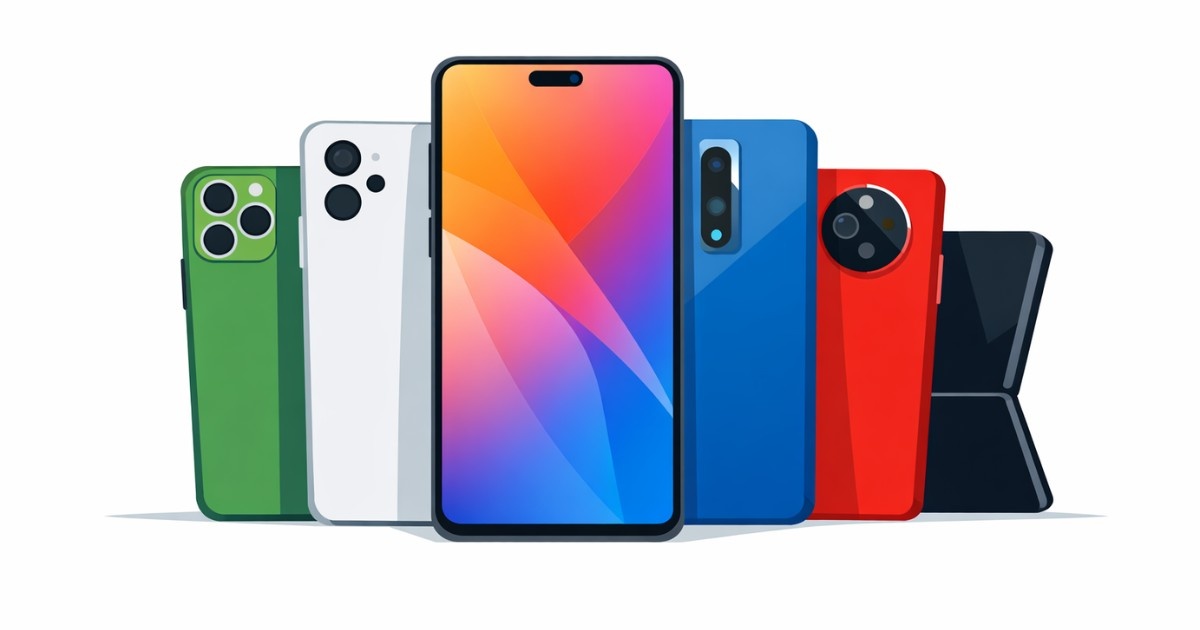 Top 6 Smartphone Launches February 2026 Minimal vector illustration showing six modern smartphones arranged side-by-side, highlighting different camera designs and colors on a clean white background, symbolizing new smartphone launches.