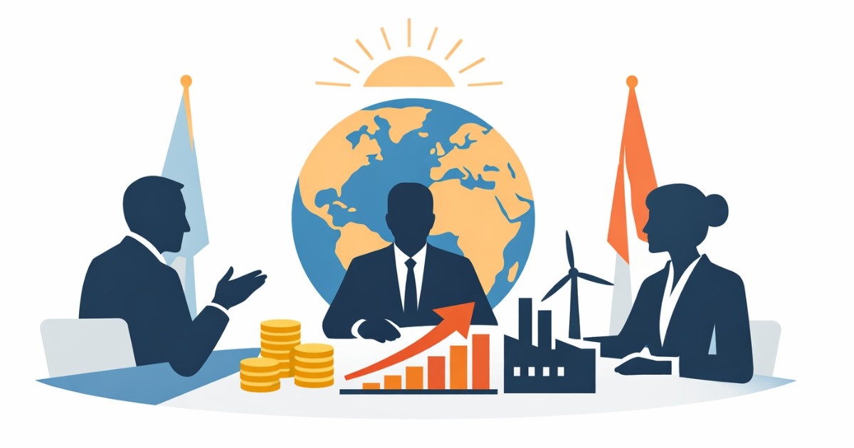 Global Leaders Summit Decisions Minimal flat vector illustration of three silhouetted global leaders seated at a summit table with a globe in the background, rising economic bar chart, upward arrow, stacked coins, and a factory with wind turbine, symbolizing major economic policy decisions.
