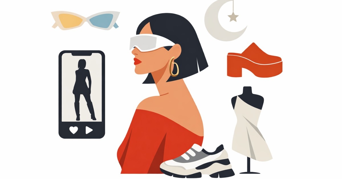 Fashion Styles Early 2026 Minimal flat vector illustration on a white background featuring a stylish woman in profile wearing an off-shoulder red outfit and futuristic visor sunglasses.