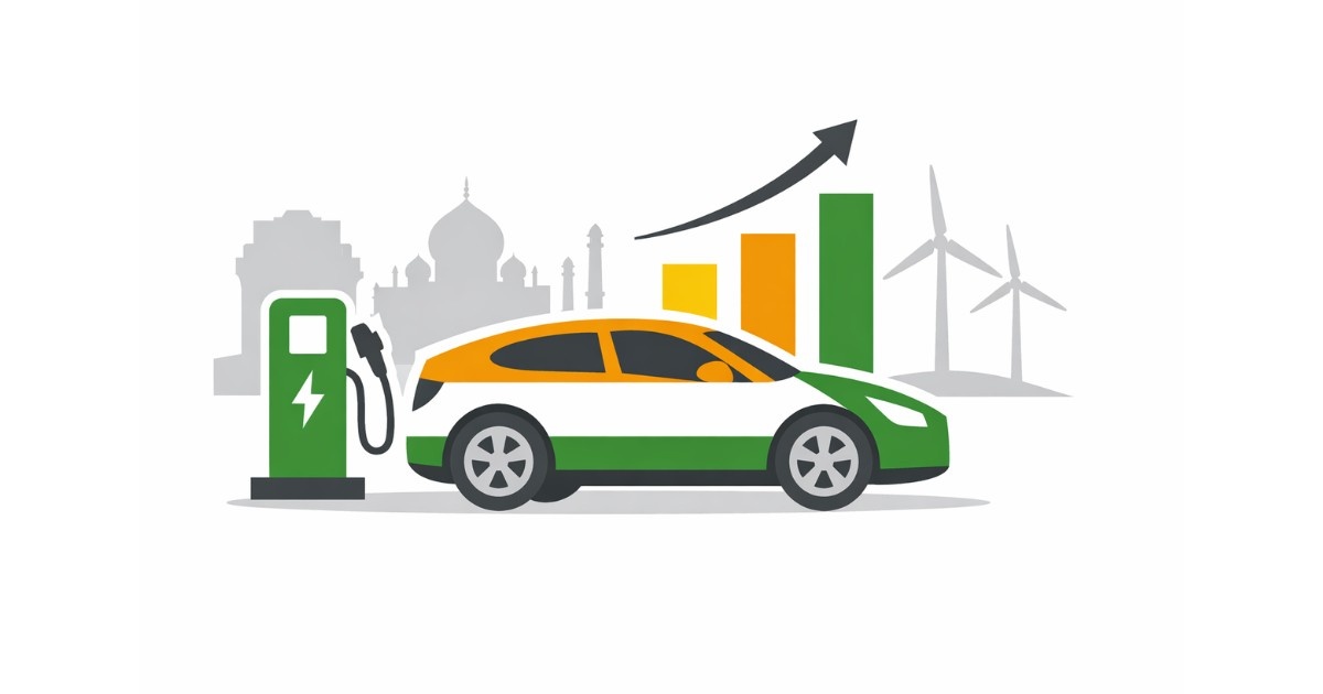 Electric Vehicles in India Minimal editorial illustration depicting an electric vehicle symbol with subtle energy and mobility elements, representing India’s electric vehicle market growth in 2026 through new model launches and evolving government policies.