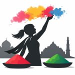Minimal editorial illustration representing Best Holi travel destinations in India 2026 with colorful powder and iconic landmarks.