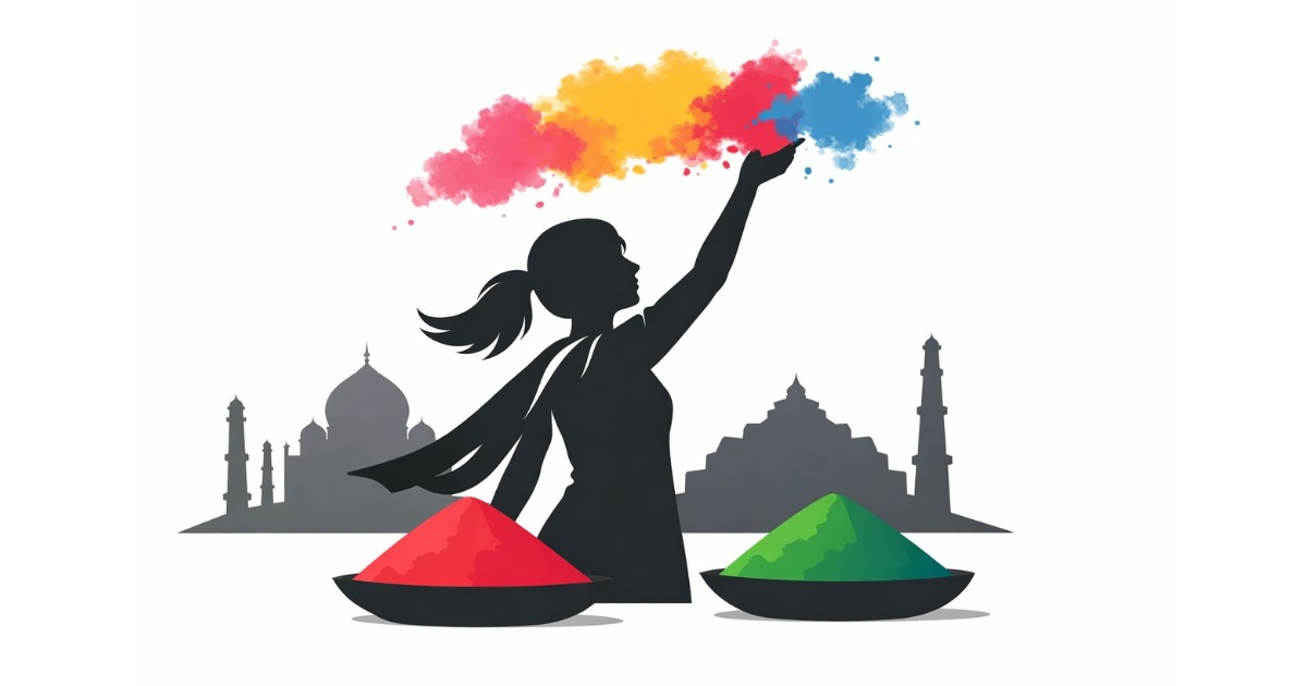 Minimal editorial illustration representing Best Holi travel destinations in India 2026 with colorful powder and iconic landmarks.