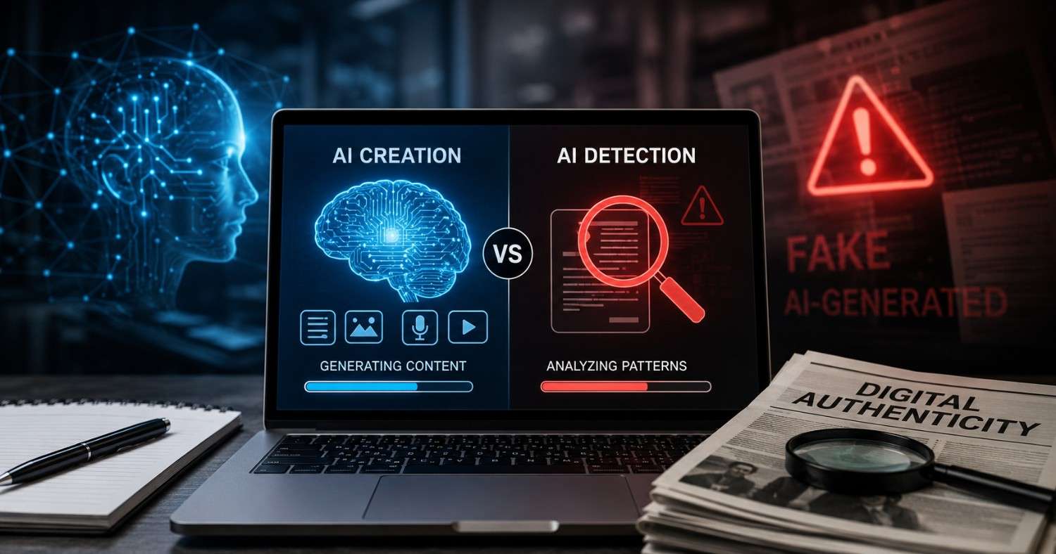 Comparison of AI content creation tools and AI detection systems highlighting digital authenticity challenges and trust verification