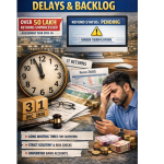 Illustration showing income tax refund delays in India, with a taxpayer looking stressed while checking refund status marked “pending,” surrounded by ITR documents, Form 26AS, a clock symbolising long wait times, and a headline highlighting processing backlog and unprocessed returns for AY 2025–26.