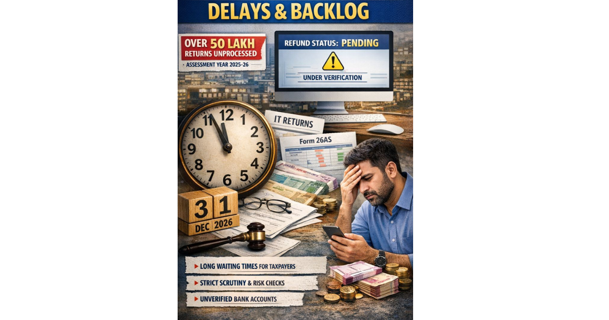 Illustration showing income tax refund delays in India, with a taxpayer looking stressed while checking refund status marked “pending,” surrounded by ITR documents, Form 26AS, a clock symbolising long wait times, and a headline highlighting processing backlog and unprocessed returns for AY 2025–26.