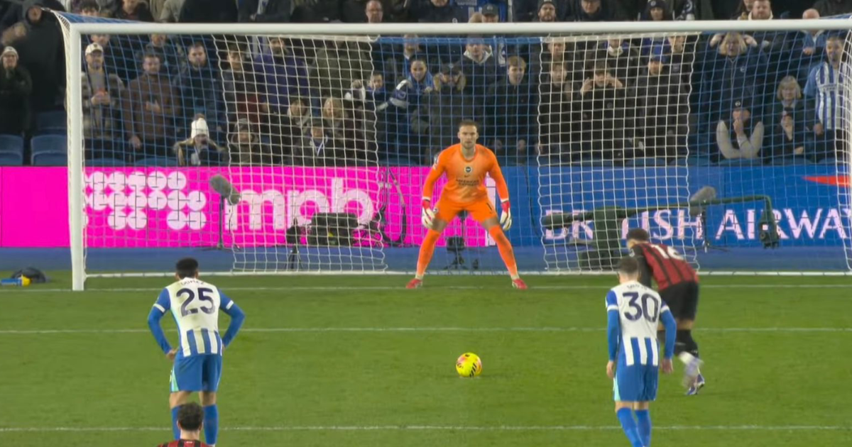 “Brighton’s Charalampos Kostoulas scoring a stoppage-time overhead kick against Bournemouth in the Premier League, with the ball soaring toward the goal and goalkeeper attempting to save.”