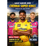 Sanju Samson wearing a bright yellow Chennai Super Kings jersey, smiling confidently with arms crossed in the foreground, with Ravindra Jadeja and Sam Curran in pink Rajasthan Royals jerseys blurred in the background; text on the image announces “Sanju Samson joins Chennai Super Kings ahead of IPL 2026 season” and highlights the mega trade.