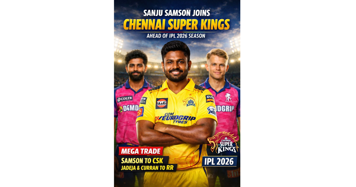 Sanju Samson wearing a bright yellow Chennai Super Kings jersey, smiling confidently with arms crossed in the foreground, with Ravindra Jadeja and Sam Curran in pink Rajasthan Royals jerseys blurred in the background; text on the image announces “Sanju Samson joins Chennai Super Kings ahead of IPL 2026 season” and highlights the mega trade.