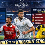 Digital illustration of the UEFA Champions League 2025-26 league phase, showing Arsenal, Real Madrid, and Borussia Dortmund players in action on a stadium field filled with fans. The image highlights the “Top 8” teams qualifying directly for the Round of 16 and teams ranked 9th–24th entering the knockout play-offs. The Champions League trophy and dynamic lighting emphasize the intensity of the race for knockout stage spots.