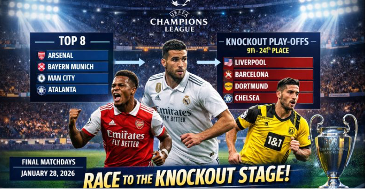Digital illustration of the UEFA Champions League 2025-26 league phase, showing Arsenal, Real Madrid, and Borussia Dortmund players in action on a stadium field filled with fans. The image highlights the “Top 8” teams qualifying directly for the Round of 16 and teams ranked 9th–24th entering the knockout play-offs. The Champions League trophy and dynamic lighting emphasize the intensity of the race for knockout stage spots.
