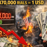 News-style composite image showing Iran’s economic crisis, with a digital exchange board displaying **1,470,000 Iranian rials per 1 US dollar**, a downward red arrow symbolizing currency collapse, Iranian banknotes and US dollar bills in hand, protest scenes with fire and crowds in Tehran, and the city skyline in the background.