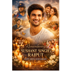 A commemorative collage marking Sushant Singh Rajput’s birth anniversary, featuring his smiling portrait at the center, surrounded by scenes from his films, candlelight tributes, doves, and fans paying homage, with the words “Remembering Sushant Singh Rajput.”