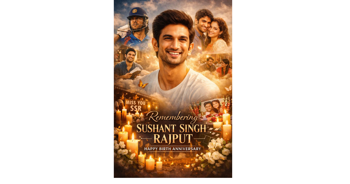 A commemorative collage marking Sushant Singh Rajput’s birth anniversary, featuring his smiling portrait at the center, surrounded by scenes from his films, candlelight tributes, doves, and fans paying homage, with the words “Remembering Sushant Singh Rajput.”