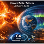 "Digital illustration of the record-level solar storm in January 2026, showing the Sun emitting a massive X-class flare and coronal mass ejection (CME) toward Earth. The planet is illuminated by vibrant auroras, while icons of a satellite, airplane, and power grid represent the storm’s impacts. Labels indicate a G4 severe geomagnetic storm and an S4 radiation storm."