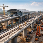A wide-angle view of India’s Mumbai–Ahmedabad High Speed Rail corridor under construction, showing elevated viaducts, newly built bullet train stations, and ongoing track-laying work with cranes and workers on site.