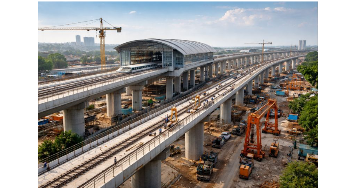 A wide-angle view of India’s Mumbai–Ahmedabad High Speed Rail corridor under construction, showing elevated viaducts, newly built bullet train stations, and ongoing track-laying work with cranes and workers on site.