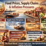 Infographic titled “Food Prices, Supply Chains & Inflation Pressures” showing a global supply chain with cargo ships, shipping containers, farmland, and a grocery cart with rising prices. Sections highlight rising costs, supply chain disruptions, climate