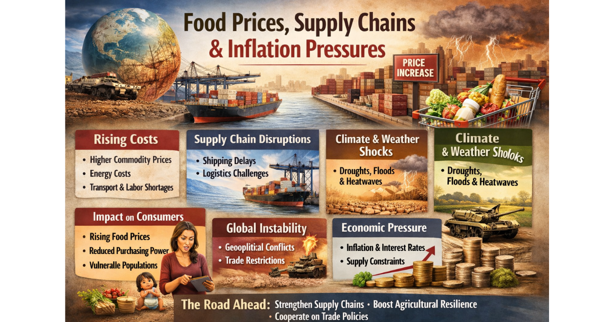 Infographic titled “Food Prices, Supply Chains & Inflation Pressures” showing a global supply chain with cargo ships, shipping containers, farmland, and a grocery cart with rising prices. Sections highlight rising costs, supply chain disruptions, climate