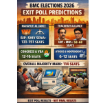 Infographic titled “BMC Elections 2026: Exit Poll Predictions” showing projected seat counts for major parties and alliances, with the BJP–Shiv Sena Mahayuti alliance leading with 131–151 seats, the Thackeray alliance (UBT–MNS) at 58–68 seats, Congress and VBA at 12–16 seats, and others and independents at 6–12 seats, alongside Mumbai’s skyline and election counting visuals.