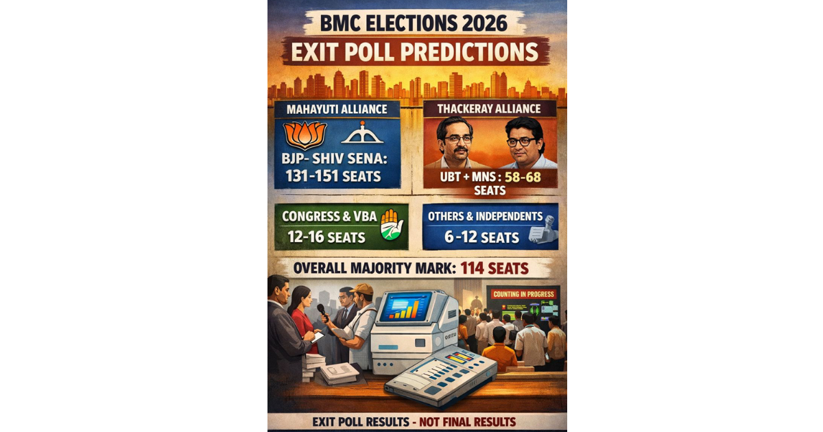 Infographic titled “BMC Elections 2026: Exit Poll Predictions” showing projected seat counts for major parties and alliances, with the BJP–Shiv Sena Mahayuti alliance leading with 131–151 seats, the Thackeray alliance (UBT–MNS) at 58–68 seats, Congress and VBA at 12–16 seats, and others and independents at 6–12 seats, alongside Mumbai’s skyline and election counting visuals.