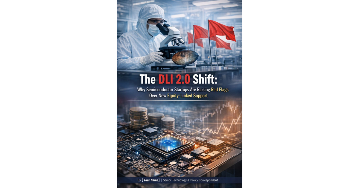 "Infographic comparing India’s DLI 1.0 and DLI 2.0 semiconductor policies, showing equity-linked support, VC concerns, government objectives, and potential startup risks with icons of chips, money, graphs, and policy documents."