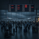 Passengers wait near IndiGo airline check-in counters as flight information screens display multiple cancellations and delays at a busy Indian airport.