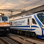 Modern Indian Railways trains including Amrit Bharat and Vande Bharat Sleeper standing at a station, symbolising India’s railway modernisation plans for 2026.
