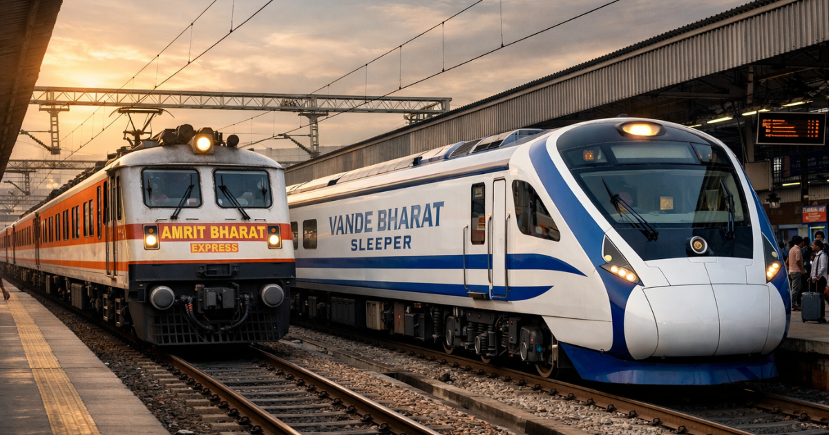 Modern Indian Railways trains including Amrit Bharat and Vande Bharat Sleeper standing at a station, symbolising India’s railway modernisation plans for 2026.