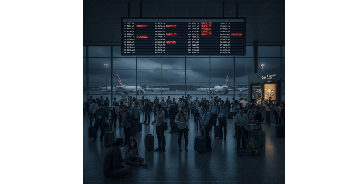 Passengers wait near IndiGo airline check-in counters as flight information screens display multiple cancellations and delays at a busy Indian airport.