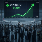 "Wipro headquarters building with a stock market chart overlay showing a sharp decline, illustrating the company’s Q3 FY26 earnings impact on share price."