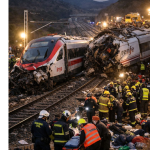 Emergency responders work at the site of a high-speed train collision near Adamuz, Córdoba, Spain, where two passenger trains derailed and collided, leaving multiple casualties as rescue operations continue at dusk.