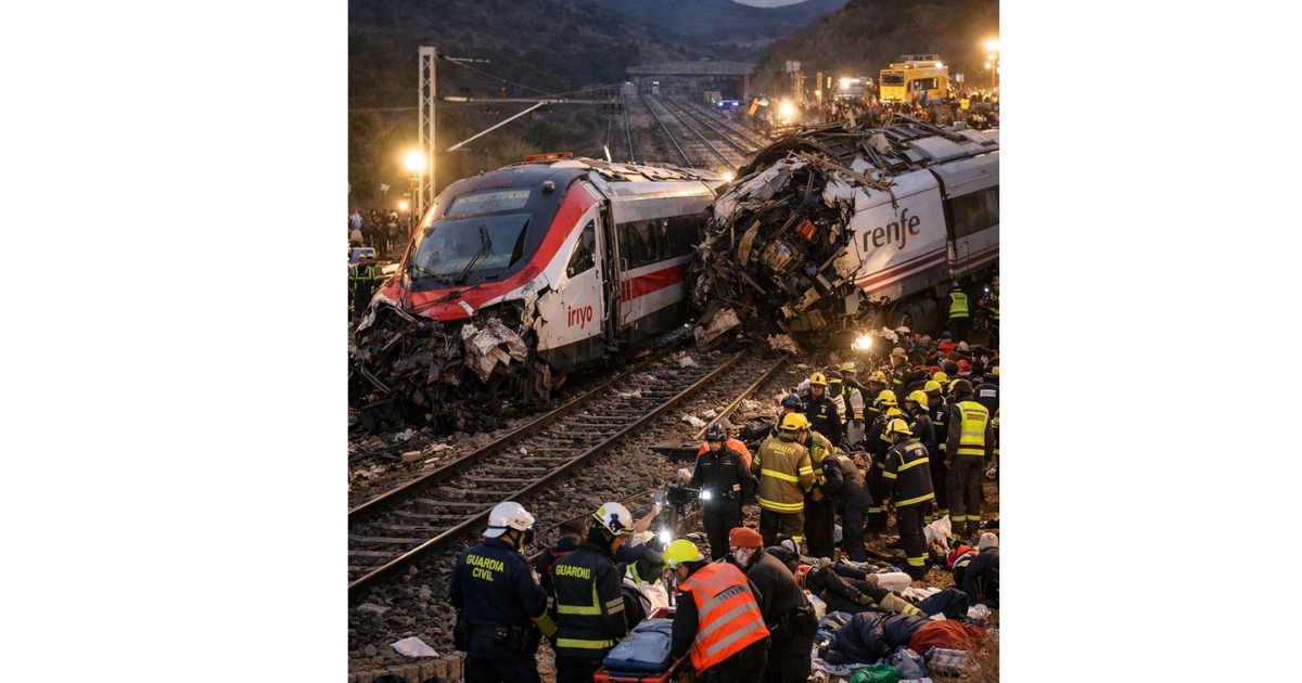 Emergency responders work at the site of a high-speed train collision near Adamuz, Córdoba, Spain, where two passenger trains derailed and collided, leaving multiple casualties as rescue operations continue at dusk.
