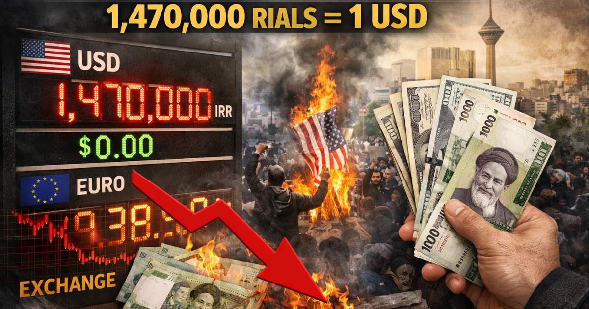News-style composite image showing Iran’s economic crisis, with a digital exchange board displaying **1,470,000 Iranian rials per 1 US dollar**, a downward red arrow symbolizing currency collapse, Iranian banknotes and US dollar bills in hand, protest scenes with fire and crowds in Tehran, and the city skyline in the background.