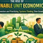 Illustration showing interconnected charts, gears, and data flows symbolizing sustainable unit economics and systems thinking in India’s startup investment landscape.