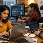 Indian job market trends showing hiring shift towards skills over degrees with young professionals working on laptops and digital tools