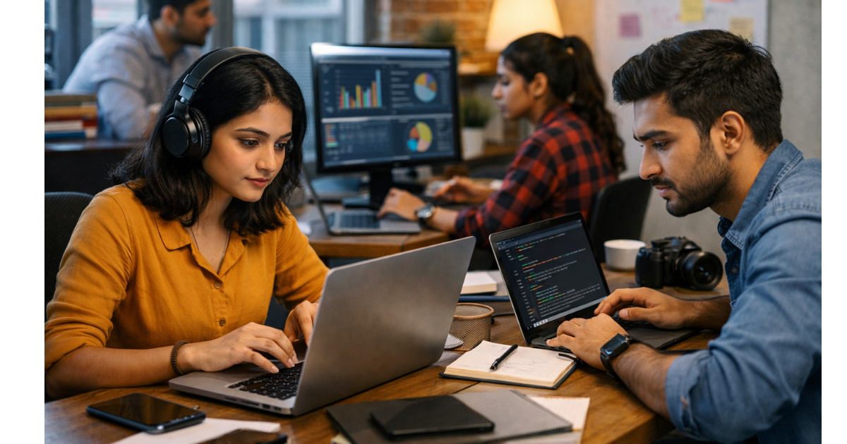 Indian job market trends showing hiring shift towards skills over degrees with young professionals working on laptops and digital tools