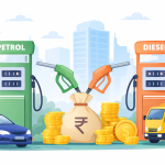 Petrol diesel price today illustration showing fuel pumps and vehicles at an Indian petrol station