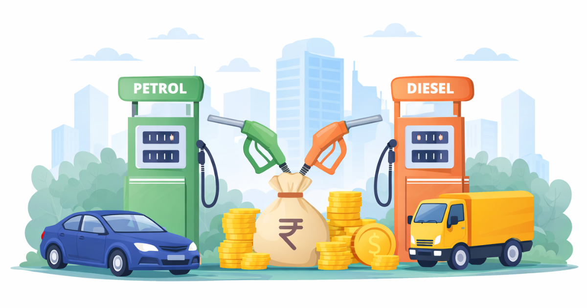 Petrol diesel price today illustration showing fuel pumps and vehicles at an Indian petrol station